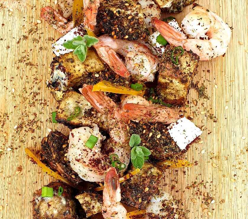 Sweet Potatoes Zaatar with Shrimps and tahini 