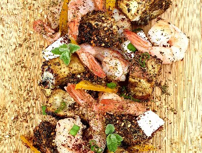 Sweet Potatoes Zaatar with Shrimps and tahini 