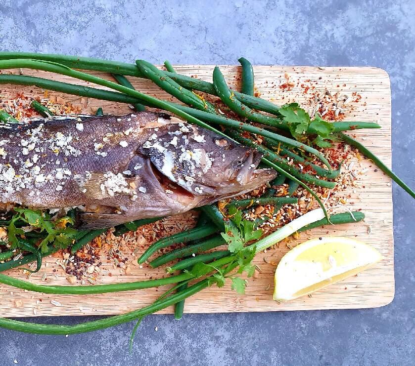 Dukkah Baked Fish and Loubieh 