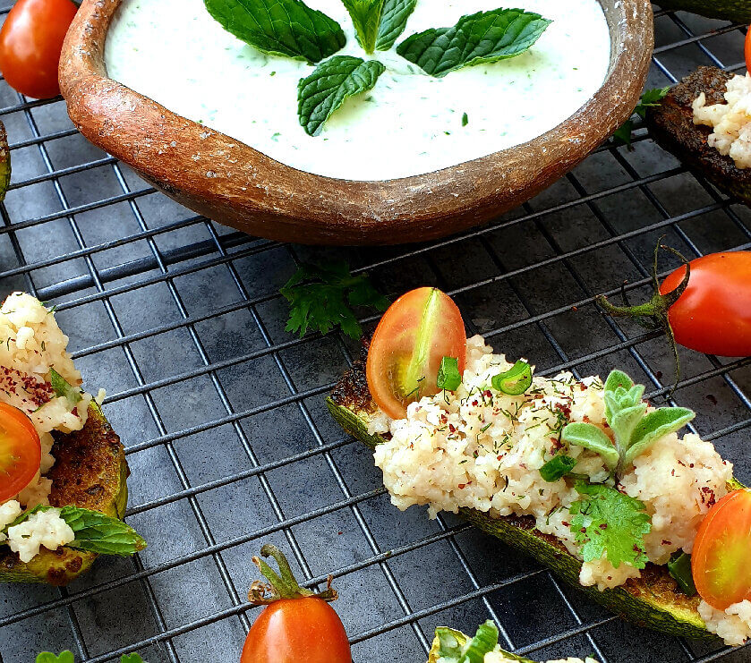 Zucchinis with Chermoula, Bulgur and a dollop of Yogurt with Herbs 